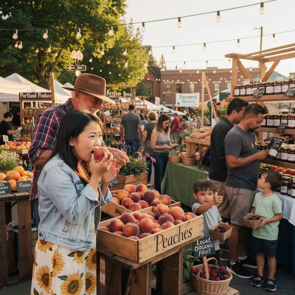 Grupa turystów degustujących regionalne potrawy na lokalnym festiwalu kulinarnym.